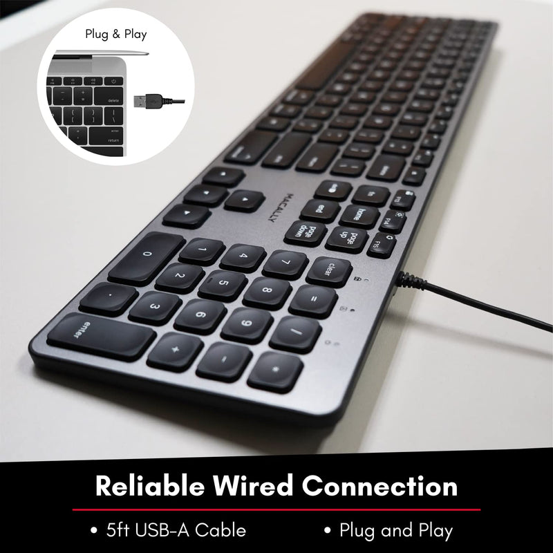 Macally Backlit Mac Keyboard Wired - Quiet, Sleek, and Functional - 3 Brightness Levels, 107 Keys - 5ft USB Wired Apple Keyboard - Backlit Wired Keyboard for Mac, iMac, MacBook Pro/Air - Space Gray