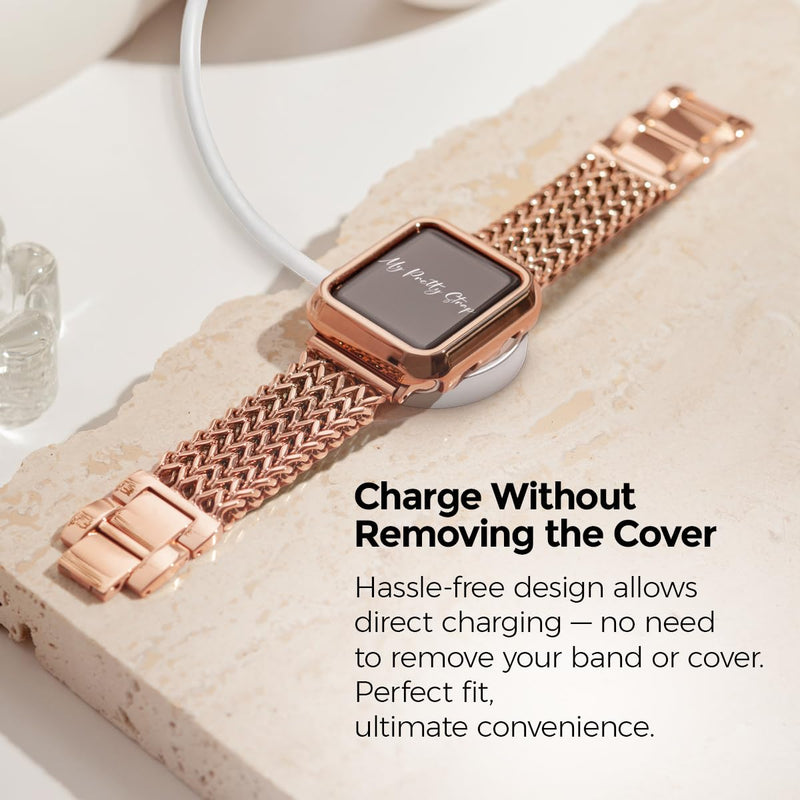 My Pretty Strap Rose Gold Apple Watch Band & Glossy XOXO Protective Case Bundle – Elegant Stainless Steel Strap & Luxury Metal Cover for Apple Watch Series 1-11, SE & Ultra (38MM) Mermaid