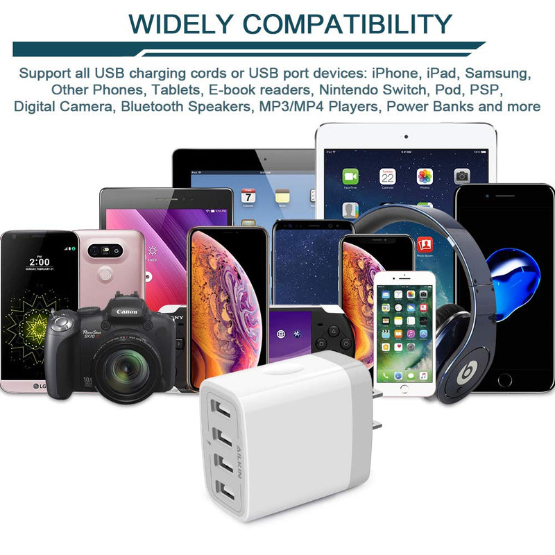 USB Charger Cube, Wall Charger Plug, AILKIN 4.8A 4-Muti Port USB Adapter Power Plug Charging Station Box Base Replacement for iPhone 15 14 13 12 11 Pro Max/X/8, iPad, Samsung Phones USB Charging Block White 1