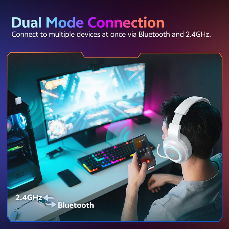 QCY HEROAD V200 Gaming Headset for PC/PS5/PS4/Switch Over Ear Headphones | 240Hr Battery, 7.1 Surround Sound, USB-C Headphones for Multi-Platform, Bluetooth 6.0 White