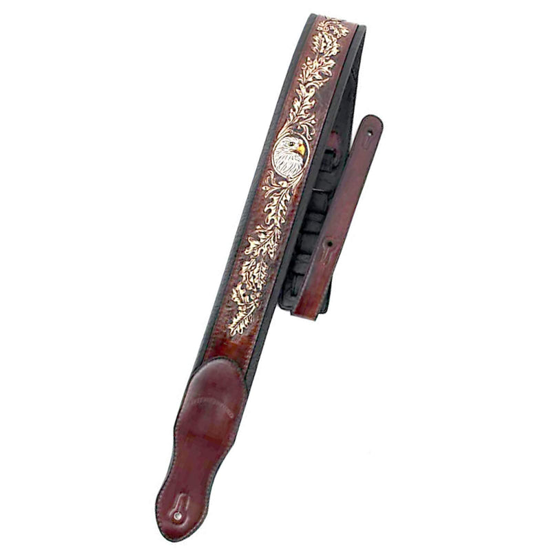 Walker & Williams KB-03-BRN Walnut Brown Full Grain Center Block Carving Leather Padded Guitar Strap With American Eagle & Oak Leaves For Acoustic, Electric, And Bass Guitars