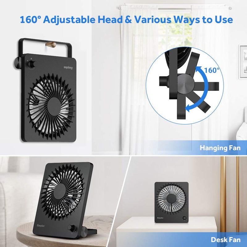 Portable Desktop Battery Operated Fan, EasyAcc 6-Inch Personal Small Desk Fan, [Quiet Step-less Speed Control Fan] 160°Tilt Foldable Hanging Standing Cooling Fan for Travel Office Home Outdoor Black