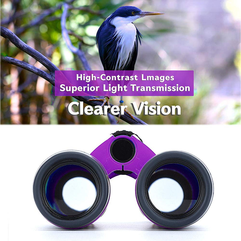 Compact Binoculars for Kids Bird Watching Hiking Camping Fishing Accessories Gear Essentials Best Toy Gifts for Boys Girls Children Toddler Waterproof 5X30 Optical Lens Including Compass Purple