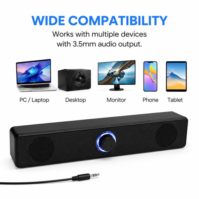 Computer Speakers USB Powered Wired Stereo with Illuminated Volume Knob and 3.5mm Aux Plug for PC Desktop Laptop Office with Clear Audio Easy Setup and Portable Design Black