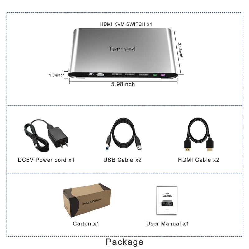 2 Port HDMI USB 3.0 KVM Switch with Aluminum Alloy Shell and Digital Display,Audio/Microphone, 4K@60Hz,hotkey,Auto EDID, HDR10 with Cables 2 Computers 1 HDMI Monitor USB 3.0