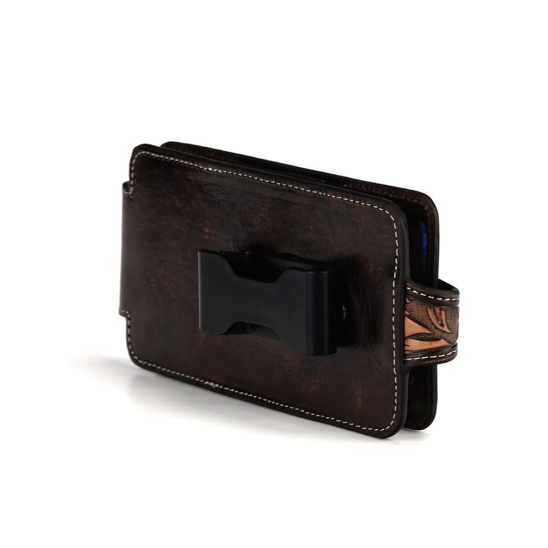 ARIAT Floral & Feather Leather Cell Phone Case, Belt Clip, Brown, Large | Leather construction, belt-clip carry, protective phone storage, western tooled detailing