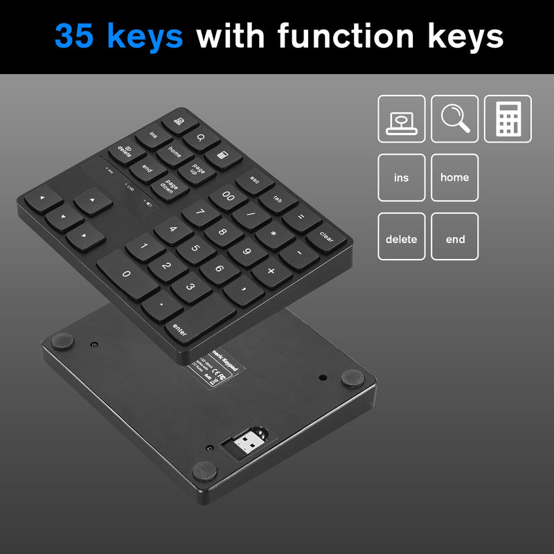 Wireless Number Pad, RaceGT Numeric Keypad Ultra-Silent Rechargeable 2.4G 35 Keys for Laptop,Desktop,PC, Notebook