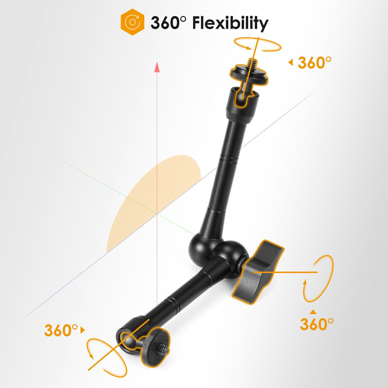 TARION Magic Arm with Super Clamp - 11in/28cm Adjustable Articulating Friction Camera Mount & Clamp with 1/4"" and 3/8"" Thread for LCD Monitor LED Light Flash Light Phone Action Cam, Black