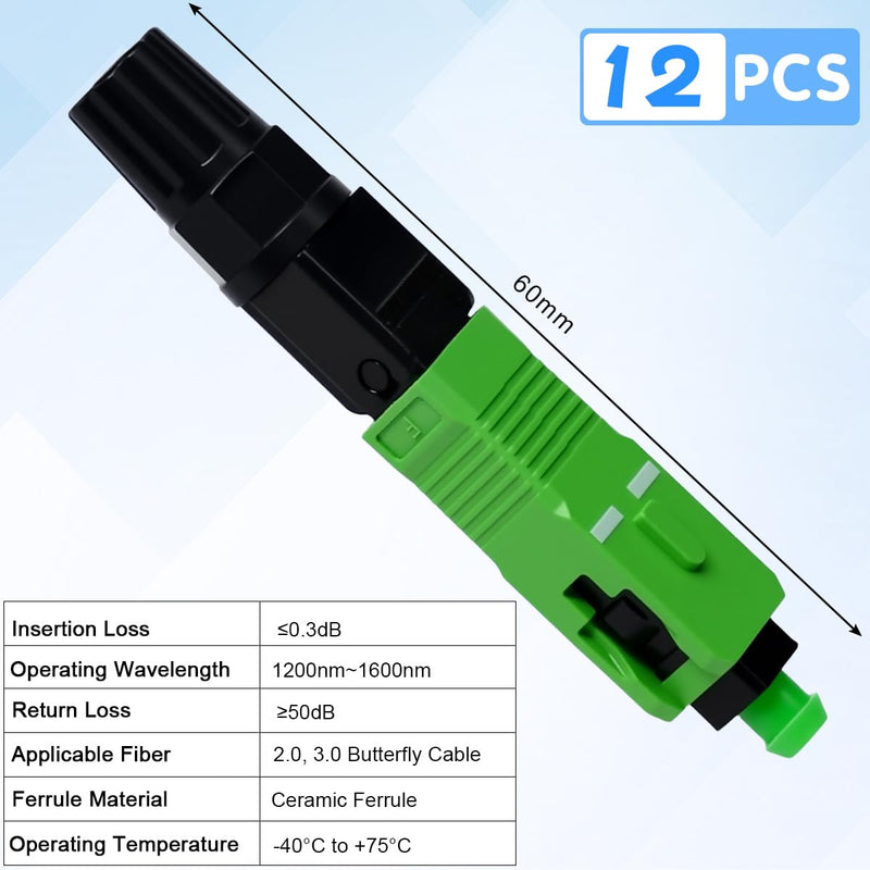 Zuxbolf 12 Stück Glasfaser Verbinder SC/APC Stecker Glasfaser Schnellverbinder Schnelle Adapter Glasfaserstecker Schnellkupplung Glasfaseranschluss für Singlemode Glasfaserverbindungen