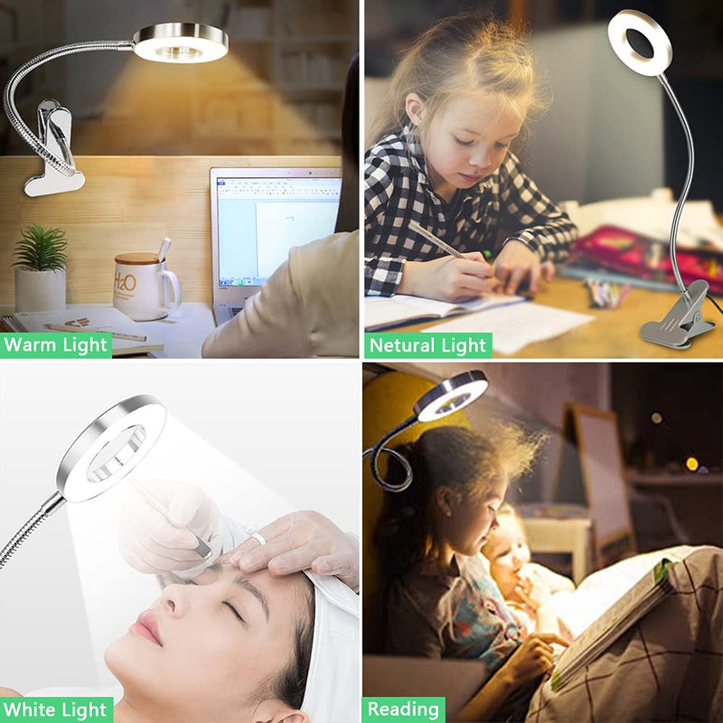 DLLT Dimmable Clip on Reading Light, 48 LED USB Bed Night Lights with 3 Colors, 15 Brightness Level Book Light Flexible Clamp for Makeup Mirror, Desk, Bedside, Headboard, Piano, Computer Light(Silver) Silver