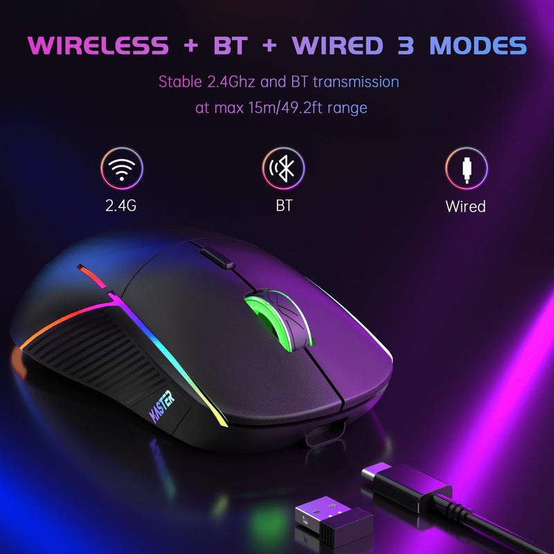 FFJ Wireless Gaming Mouse, 24000 DPI, Tri-Mode 2.4G/USB-C/Bluetooth 5.3 Gaming Mouse Wireless, RGB Programmable Mouse Gamer, 75Hrs Battery Life, Rechargeable Gaming Mice for PC, Mac, PS5, Xbox-Black Black