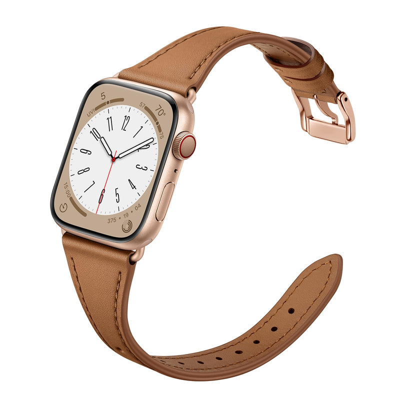 XCCYBTT Slim Leather Bands Compatible with Apple Watch Band 42mm 41mm 40mm 38mm, Genuine Leather Band Strap for iWatch Series 10/9/8/7/6/5/4/3/2/1/SE Women, Brown/Rose Gold and Brown/Black