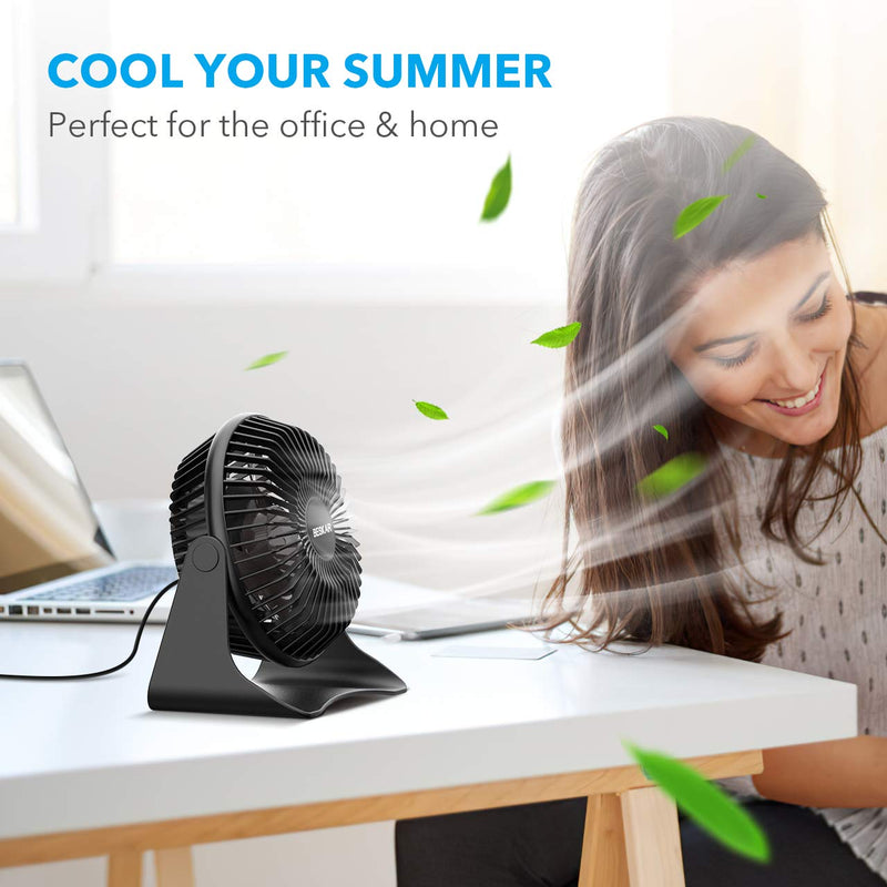 BESKAR USB Small Desk Fan - 6 Inch Portable Fans with 3 Speeds Strong Airflow, Quiet Operation and 360°Rotate, Personal Table Fan for Home,Office, Bedroom - 3.9 ft Cord Black