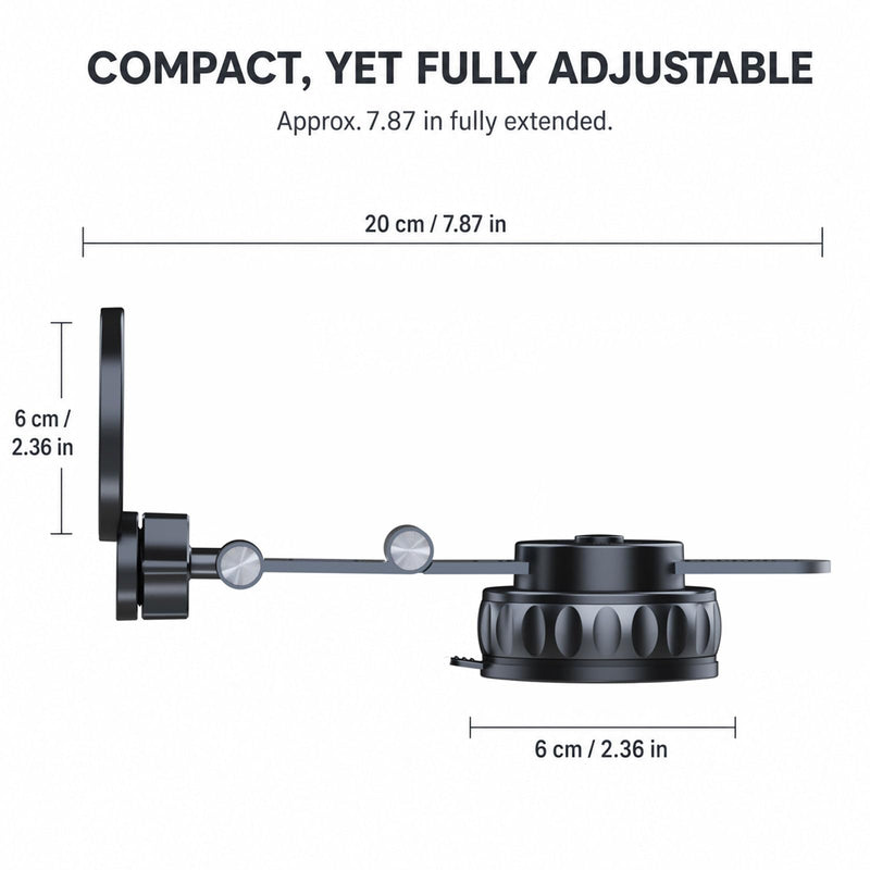 Vacuum Suction Magnetic Car Phone Mount, 360° Rotating Extendable Multi-Axis Arm for Dashboard & Windshield, Compatible with MagSafe iPhone Models and Magnetic Cases, Metal Ring Included