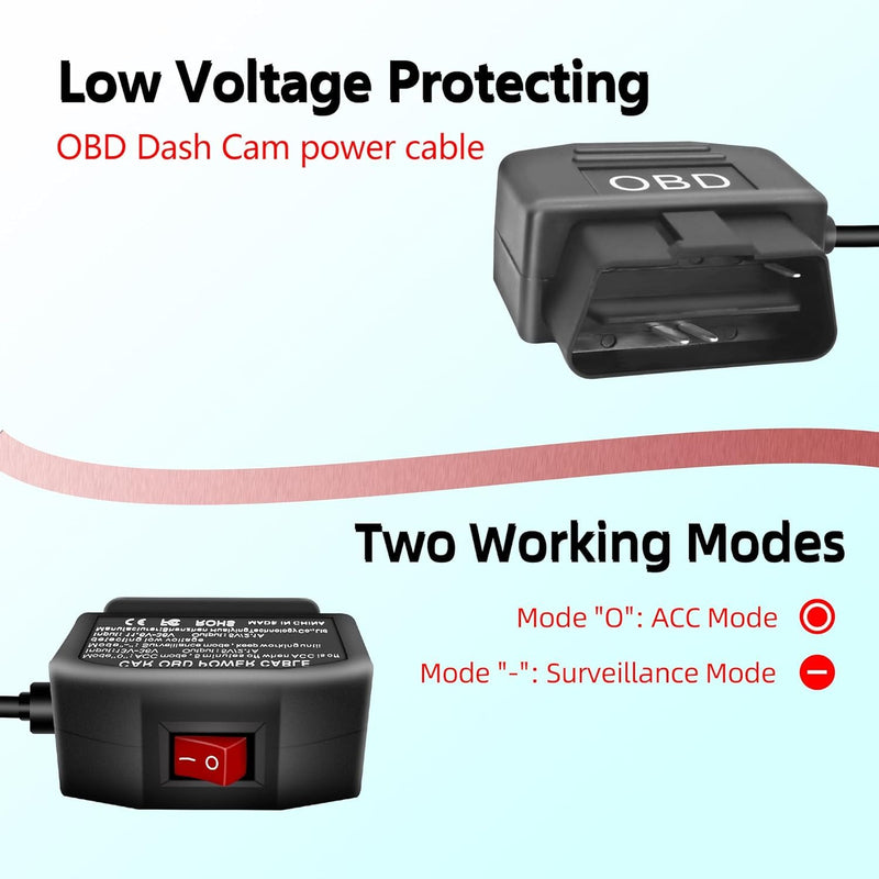 GELRHONR OBD Power Cable for Dash Camera, OBD2 Diagnostic Extension Adapter to 90Degree Mini USB with Switch Button, 24 Hours Surveillance/Acc Mode 12-24V to 5V/3A, for Dashcam, GPS -3.5M/11.5Ft