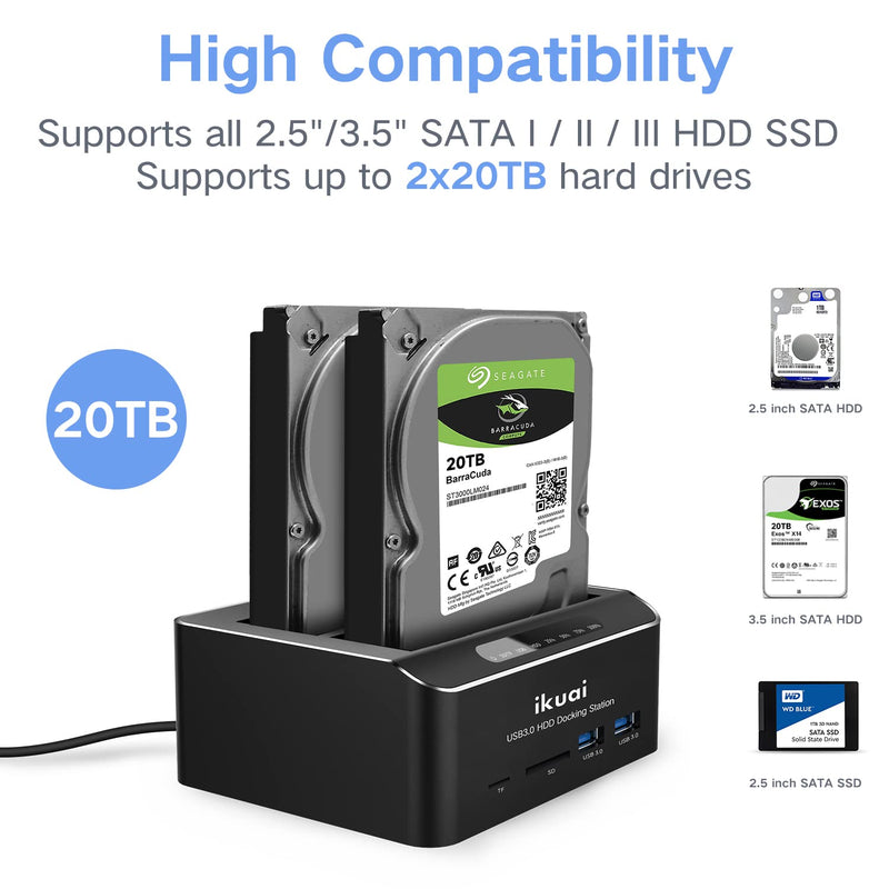 USB 3.0 to SATA Hard Drive Dock + Dual Bay HDD Docking Station, UASP Supported