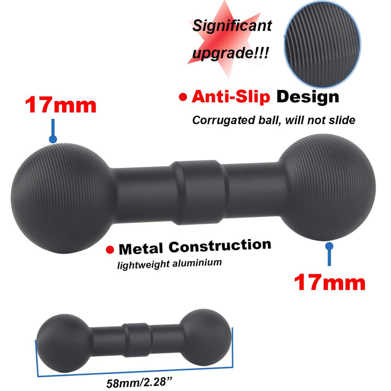 17mm to 17mm Double Ball Extender Bar Mount for GPS Cell Phone Action Camera on Motocycle Vehicles, Corrugated Ball Anti-Slip Design, 58mm Long