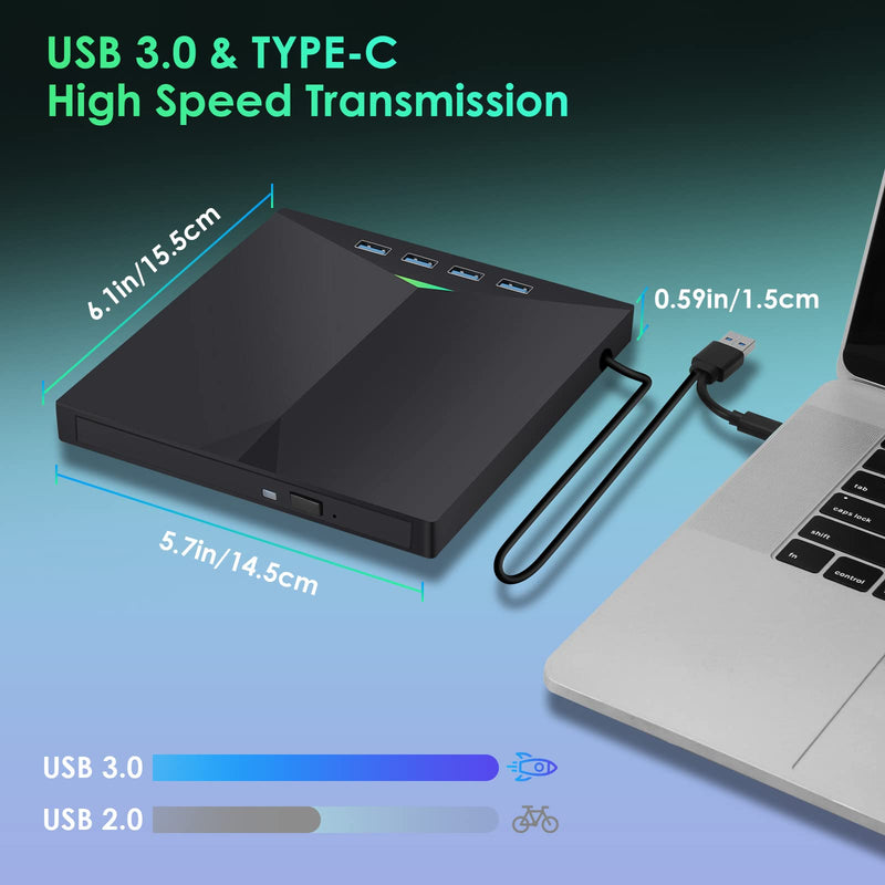 External CD/DVD Drive for Laptop, Type-C CD/DVD Player USB 3.0 Portable Burner Writer Reader Compatible with Mac MacBook Pro/Air iMac Desktop Windows 7/8/10/XP/Vista (Black2) Black2
