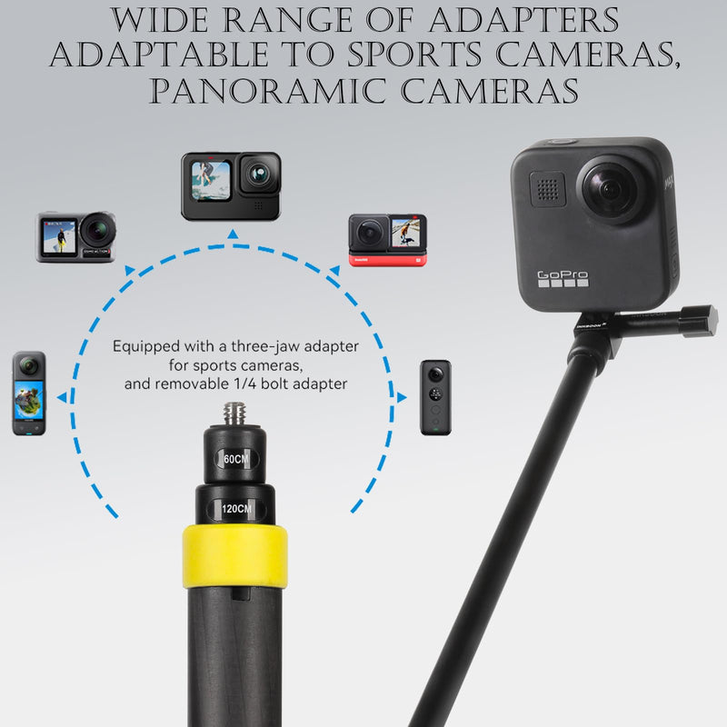 10.6-47.2 inches 1.2m Carbon Fiber Invisible Selfie Stick for Insta360 x4 Insta 360 x4 x3 x2 x Go 2 3 GoPro Hero 13 12 11 10 9 8 7 6 5 4 3 DJIN OSMO Action Camera Accessories (Gold) Gold