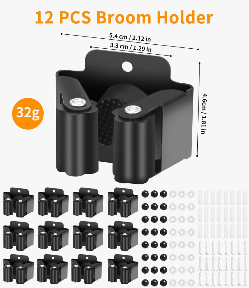FAOKZE Pack of 12 Stainless Steel Mop Holder, Broom Holder Wall, Broom Holder, Tool Holder, Wall Mount, Stainless Steel Wall Mount, Garden Tool Holder, (24 Screws), for Kitchen, Home, Bathroom Black 12pcs