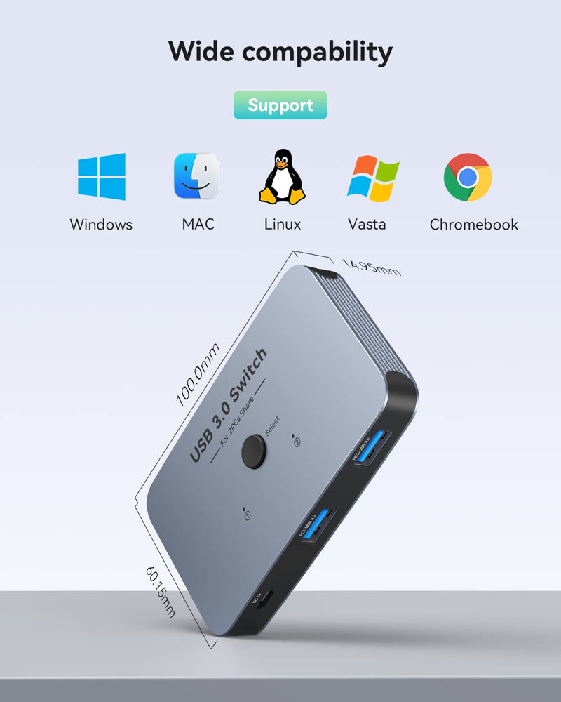 USB Switch, ABLEWE Aluminum USB 3.0 Switcher 2 Computers Sharing 4 USB Devices for PC Printer Scanner Mouse Keyboard with 2 USB 3.0 Cable, USB KVM Switch Selector Compatible with Windows, Mac, Linux