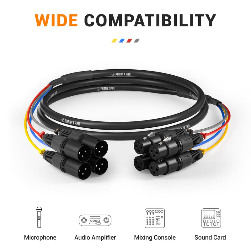 Phenyx Pro 4-Channel XLR Snake Cable, Color-Coded Male to Female Patch Wire w/OFC Copper, 6 Ft XLR Splitter Cable, Balanced Microphone Cable for DJ Mixers, IEM & Mic Systems (PCBL-4IN1-6) 6 Feet