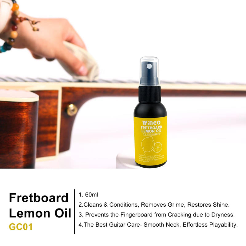 WINGO Guitar Cleaning and Care Kit, Polish and Cleaner, Fretboard Lemon oil, Guitar String-cleaner and Tool Brush, Cleaning Cloth & Brush for Guitar Cleaning and Maintenance.