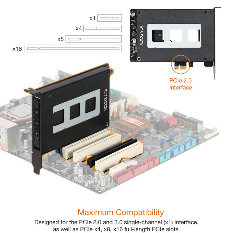 ICY DOCK 2.5 inch SATA SSD Removable Hard Drive Bay Adapter for PCIe Expansion Card Slot | ExpressSlot MB839SP-B