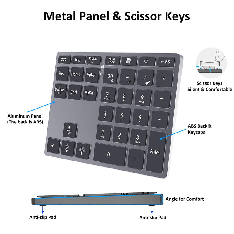 Tri-Mode Aluminum Numpad 7-Color LED Backlit, BT5.0/USB/2.4G Wireless Rechargeable Number Pad 35-Key Scissor Switches Light Up Keycaps for PC/Laptop/Win/Mac, Grey Black