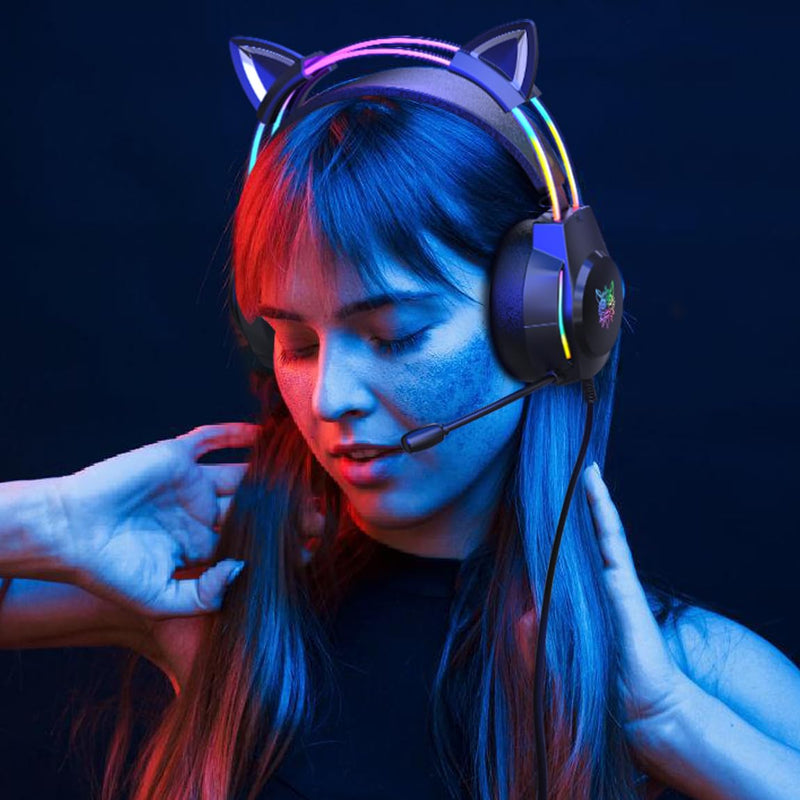 Gaming Headset with Microphone, Cat Ear Headphones for PC Laptop PS4 PS5 Xbox Switch, Rainbow RGB Lighting & Virtual Surround Sound, 3.5mm Wired Over Ear Headphones, Ergonomic Black Cat Ear