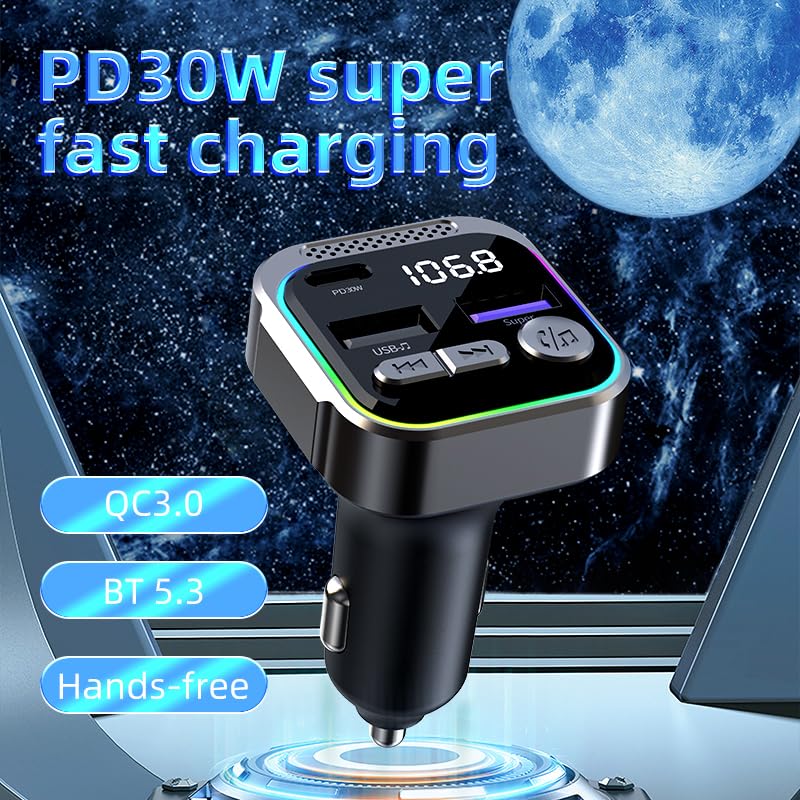 TRON Bluetooth 5.3 FM Transmitter Car Adapter 48W (PD30W +18W USB) Fast Charger, with Mic, Light Switch, HiFi Bass Sound, Audio Receiver Wireless Radio MP3, Hands-Free Calling, Support USB Drive, TR43
