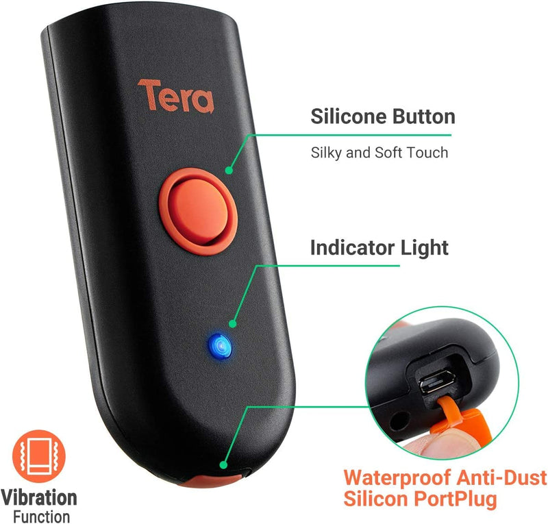 Tera Mini 1D 2D QR Wireless Barcode Scanner, Waterproof Shockproof Pocket Scanner, 3-in-1 BT & USB Wired & 2.4G Bar Code Reader Portable Image Scanner Work with iOS, Windows, Android 1100D 2D Mini Orange