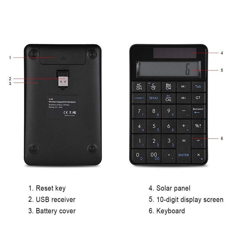 Compact USB keypad with Display Calculator Function, 29 Keys Portable Wireless Number Pad Mini Solar Power Smart Keypad & Office Calculators with LCD Display for Laptop PC Desktop