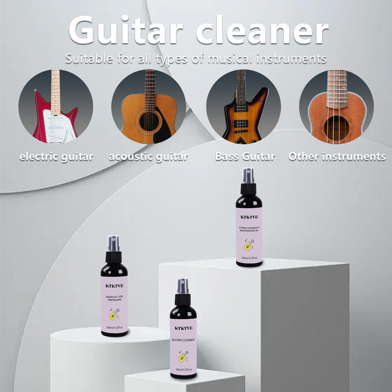 Guitar Cleaning Kit- Complete Guitar Care Kit 8 Pack with Guitar Cleaner, Lemon Oil for Guitar Fretboard, Polish Wax, String Cleaner, Winder, Soft Brush and Microfiber Cloth