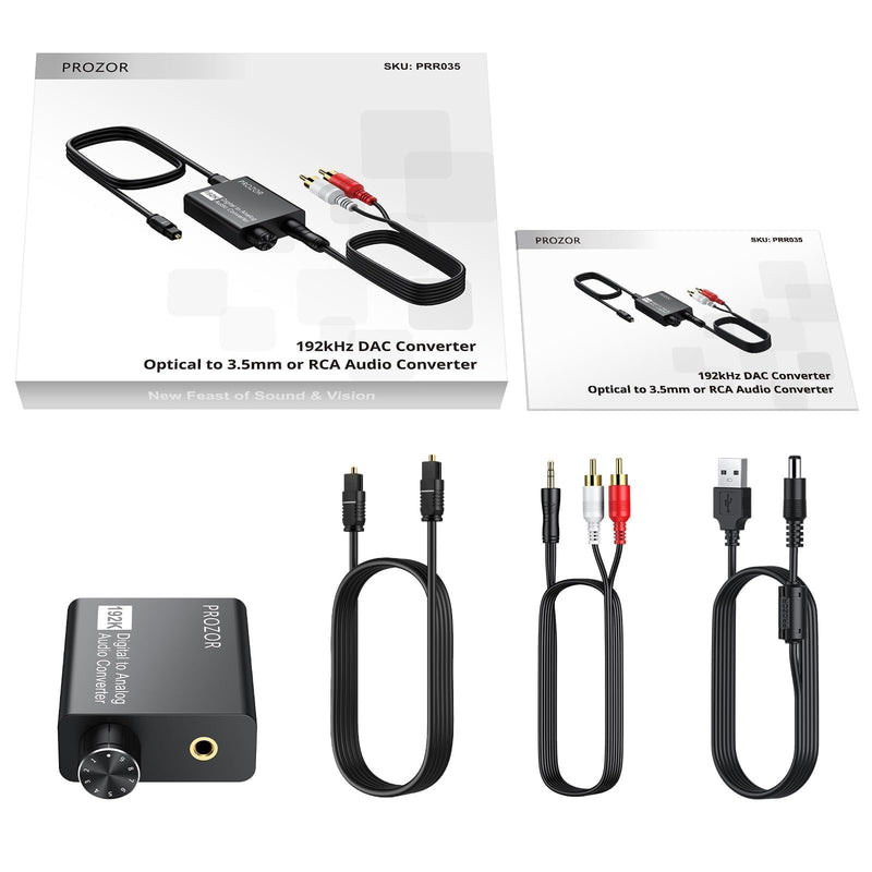 PROZOR 192KHz Digital to Analog Audio Converter with Volume Control, Digital SPDIF Optical to RCA Converter with Audio Amplifier Chip, Optical to 3.5mm DAC for HDTV DVD Blu-ray Players