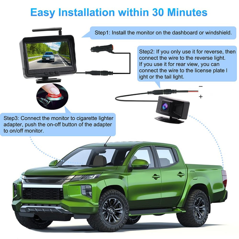 Wireless Backup Camera System Kit, Rear View Monitor with Camera | Waterproof Night Vision Reverse Cam 1080P HD Parking Camera Set for Car Pickup Truck RV Camper Van 4.3 Inch Wireless