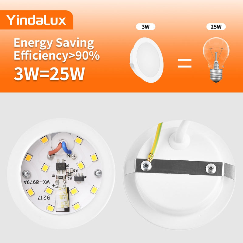 YindaLux Set of 3 LED Recessed Spotlights 230 V 3 W 3000 K Warm White 4000 K Neutral White 6000 K Cool White LED Spot Ultra Flat 300 LM Bore Hole 55-58 mm and 15 mm Flat IP44 Recessed Furniture 3 pieces