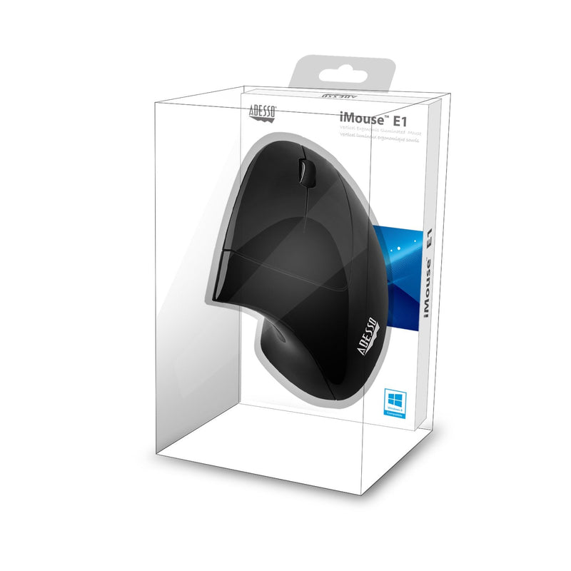 Adesso iMouseE1 - Vertical Ergonomic Illuminated Optical 6-Button USB Mouse - Right Hand Orientation, Black