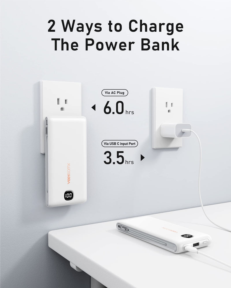 VEEKTOMX Power Bank with Built in Cables 22.5W 10000mAh, Portable Charger for iPhone with AC Wall Plug, Fast Charging USB C Slim iPhone Charger with LED Display Compatible with iPhone15/14/13, Samsung 10000mAh White