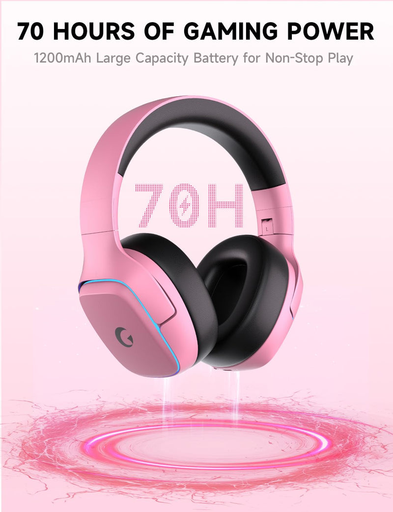 Gvyugke 2.4GHz Wireless Gaming Headsets for PS5, PS4, PC, Switch, BlushPink | Bluetooth 5.3 Gaming Headphones with Noise Canceling Mic, 7.1 Surround Sound, 70H Battery, Blue Lighting Blush Pink