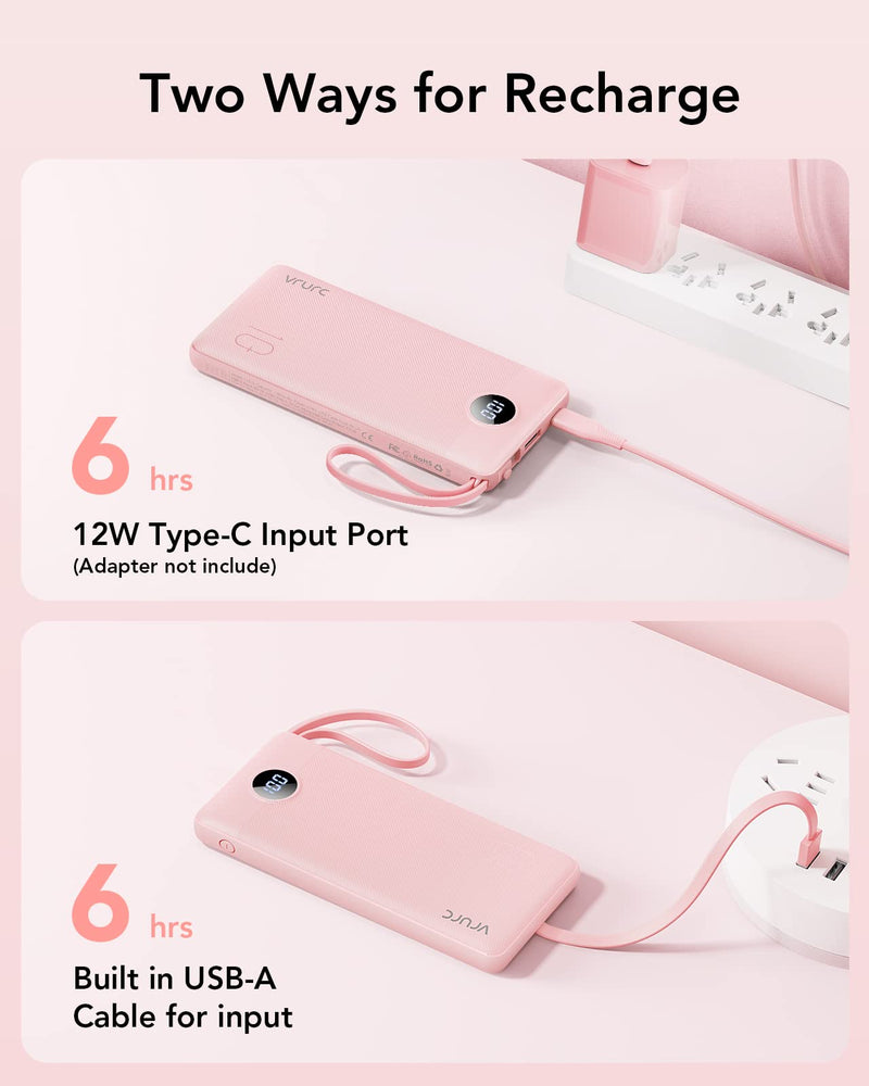 VRURC Portable Charger 10000mAh, Slim LED Display Power Bank, 5 Output 2 Input Cell Phone Battery Pack, Built-in Micro & USB C Cables Phone Charger Compatible with iPhone,Samsung,Android-Pink(1 Pack) Pink