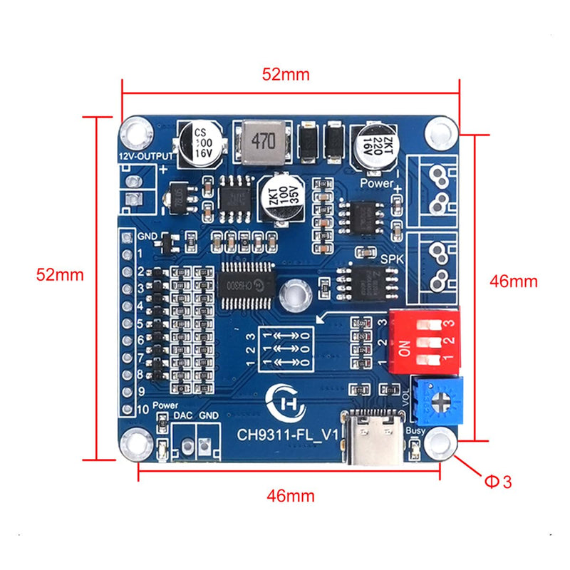 [AUSTRALIA] - 20W Sound Playback Board, 8MB Voice Module USB Downloadable MP3 Music Player DAC 12V Output Support Programmable Combination/Background I/O Trigger 10-Way Amplifier Chip for Industry Broadcast Device. 