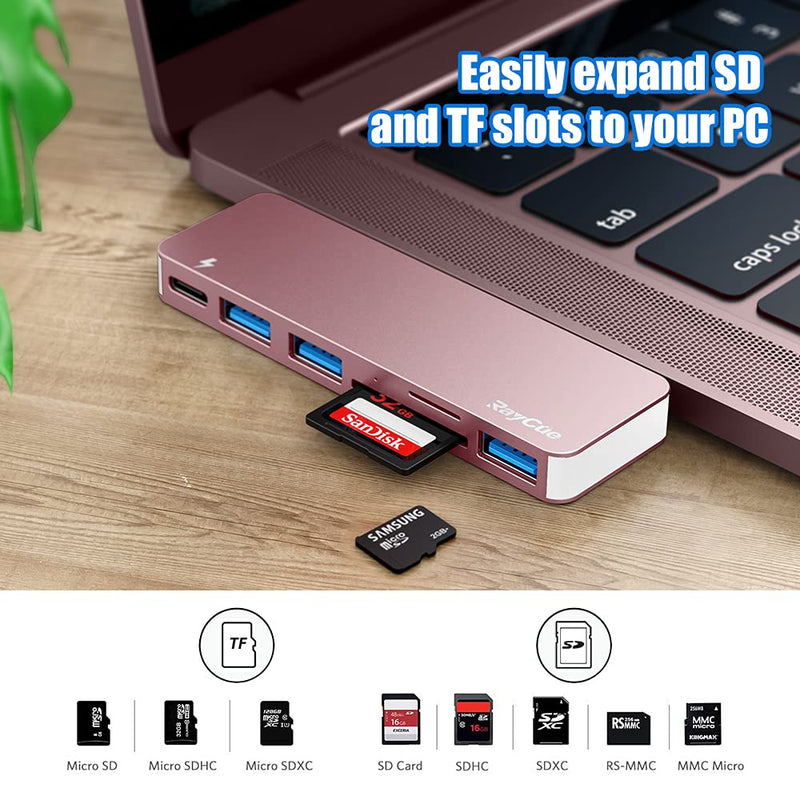USB C Hub Adapter for MacBook Pro/Air 2020 2019 2018, 6 in 1 USB-C Accessories Compatible with MacBook Pro 13″ and 15″ with 3 USB 3.0 Ports, TF/SD Card Reader, USB-C Power Delivery (Pink) Pink