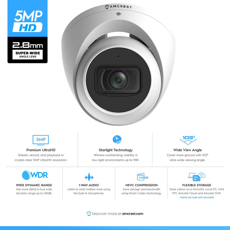 Amcrest 5MP Turret POE Camera, UltraHD Outdoor IP Camera POE with Mic/Audio, 5-Megapixel Security Surveillance Cameras, 98ft NightVision, 103° FOV, MicroSD (256GB), (IP5M-T1179EW-28MM) White