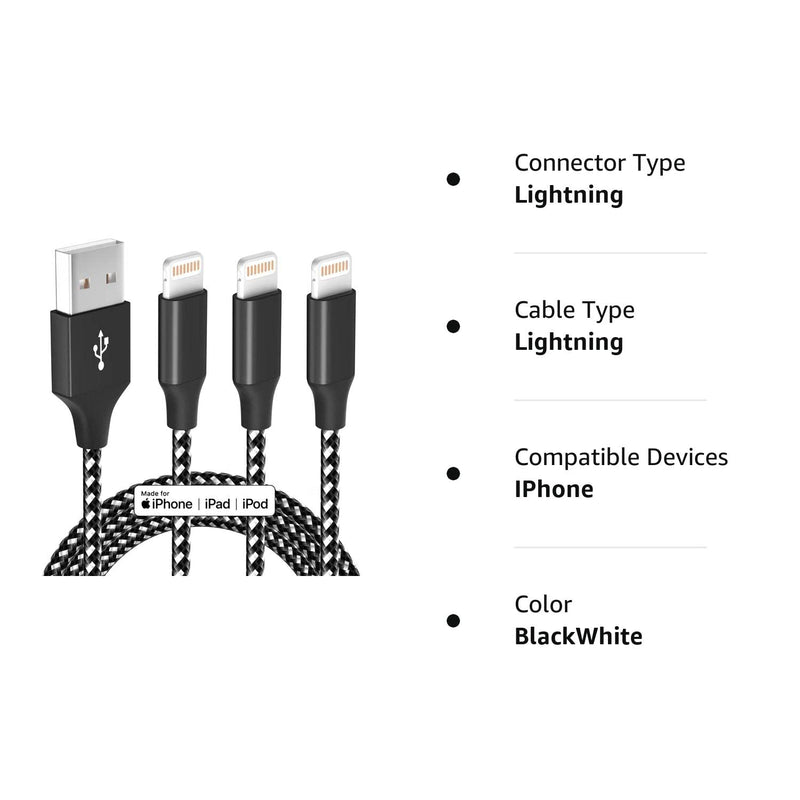 iPhone Charger Fast Charging Cord 3 Pack 10 FT Apple MFi Certified Lightning Cable Nylon Braided iPhone Charger Cord Compatible with iPhone 13 12 11 Pro Max XR XS X 8 7 6 Plus SE iPad and More BlackWhite