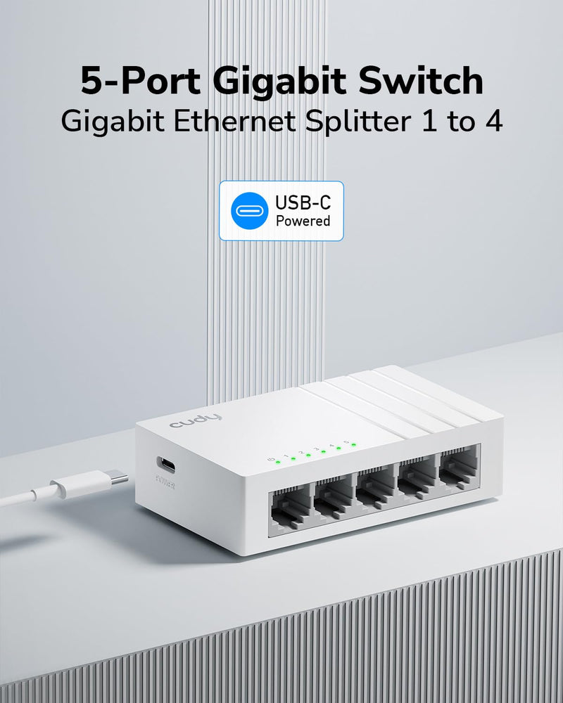 Cudy 5-Port Gigabit Ethernet Network Switch, USB-C Power Input, GS105U | 5x GbE, Type-C powered, plug & play, auto-negotiation, auto MDI/MDI-X, jumbo frame, QoS, silent plastic body, ultra-slim