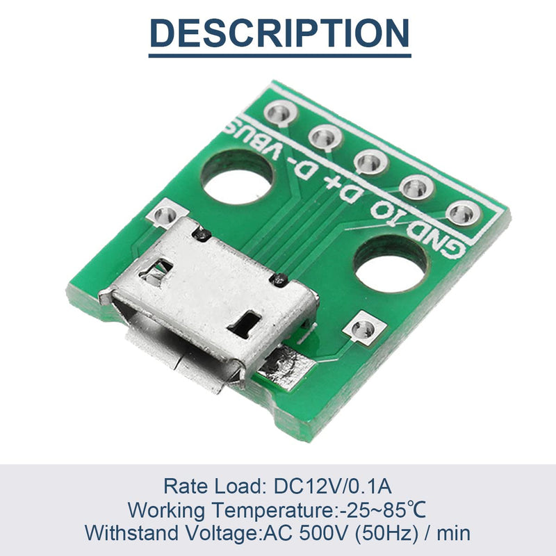 10 Pcs Micro USB Female to DIP Adapter 2.54mm 5 Pin USB 2.0 Micro USB Socket to DIP Converter Breakout Board for DIY Power Supply with 50 Pin Header