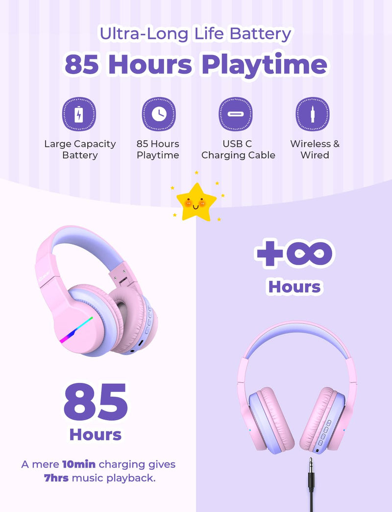 iClever BTH12 Kids Bluetooth Headphones 85H Playtime with LED Lights Travel | SafeSound Tech, Stereo Sound, USB C Charging AUX Cable Over Ear Built-in Mic, Kids Wireless Headphones for Toddler Boys Girls Pink&Black