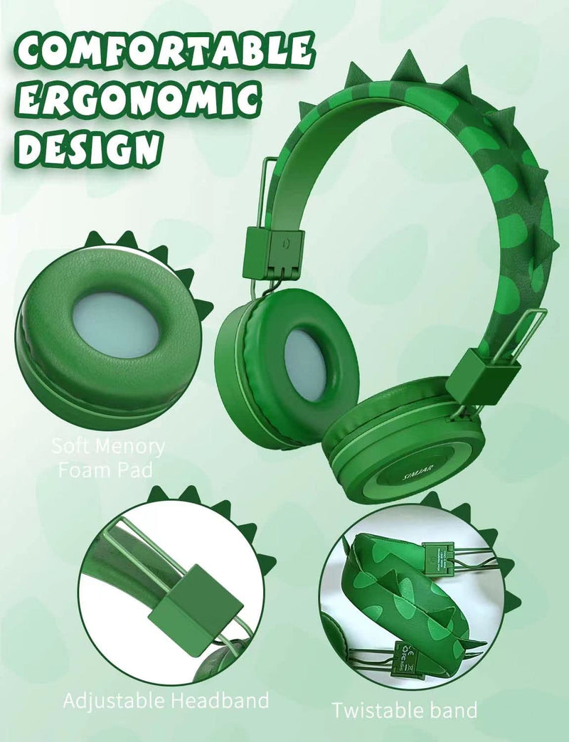 SIMJAR Dinosaur Kids Headphones with Microphone for School, Volume Limiter 85/94dB, Over-Ear Girls Boys Headphones for Kids with Foldable Wired Headphones for iPad/Travel/Tablet Green