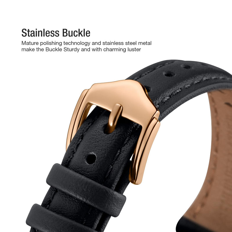Slim Apple Watch Leather Band and Stainless Steel Metal Band for iWatch 38mm, 40mm, and 41mm，Black Rose Glod+Metal Rose Gold